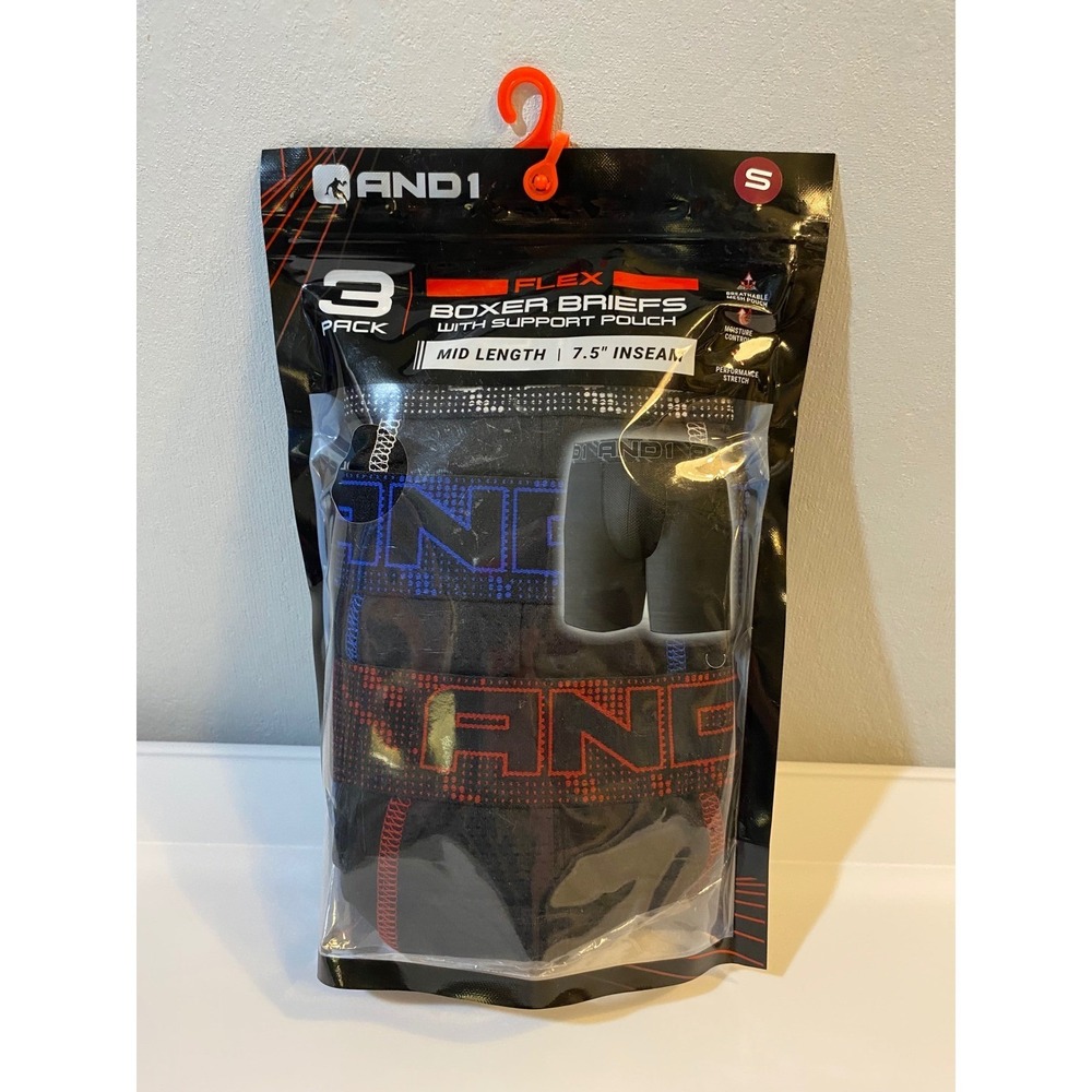 AND1 Mens 3 Pack Flex Boxer Briefs Mid Length 7.5 Inseam Support Pouch Small NEW